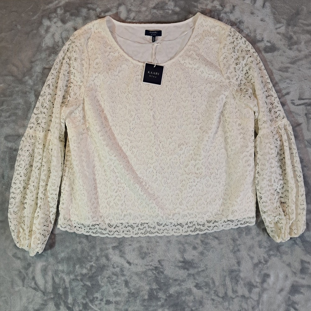 KAARI Blue Lace Blouse‎ Bishop Sleeves Ivory Size XL Atlas Bohemian Cottage Core